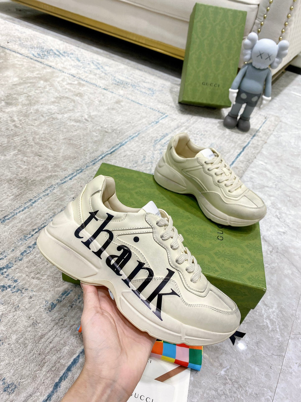 Cream Gucci unisex sneakers with 'thank' script and stitched overlays, lace-up
