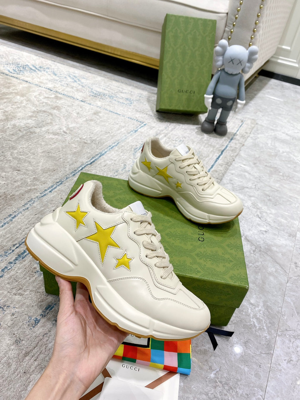 Gucci unisex sneakers, white with yellow star print and gum-toned outsole