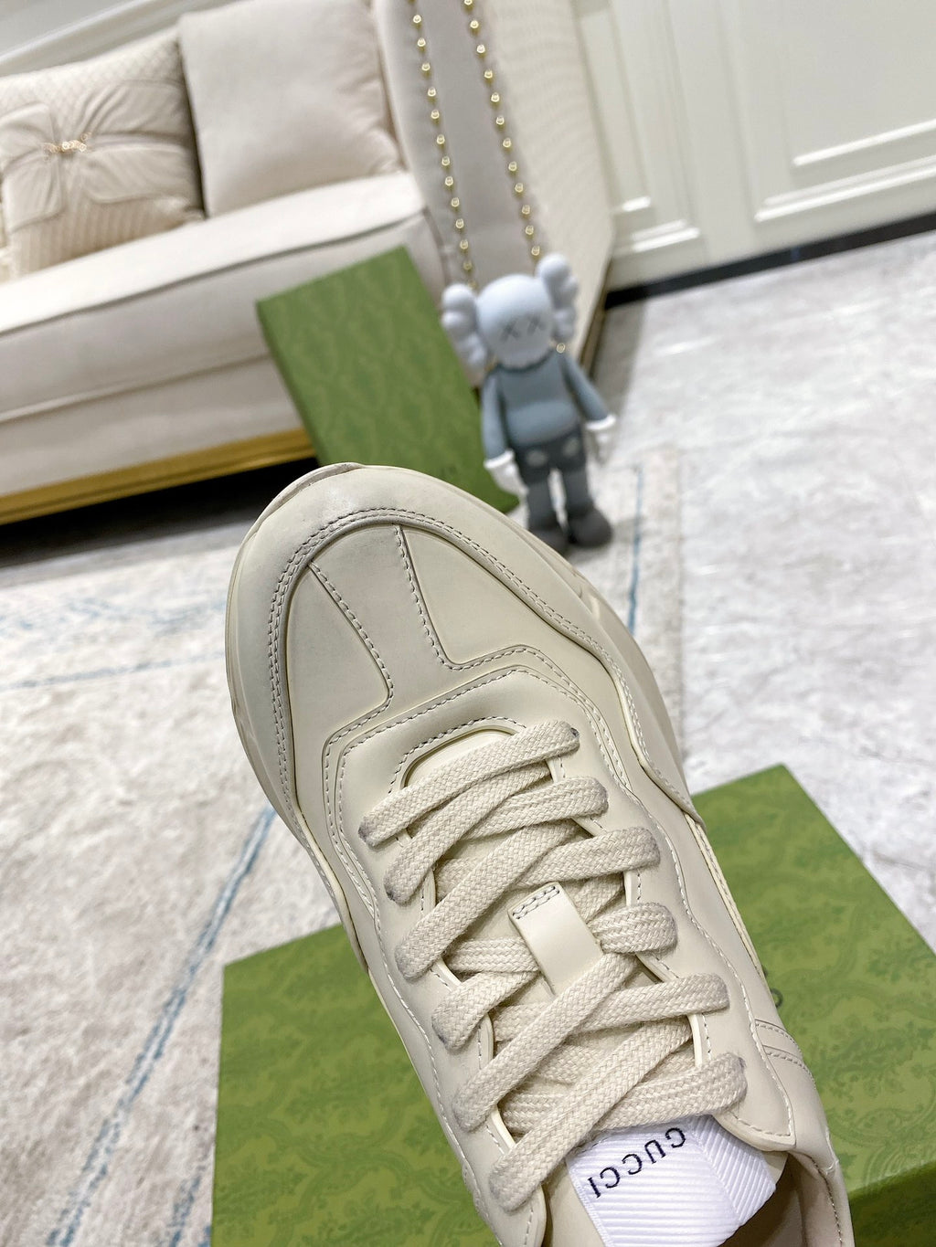 Gucci white sneaker upper with lace-up, stitching details, and heel logo patch