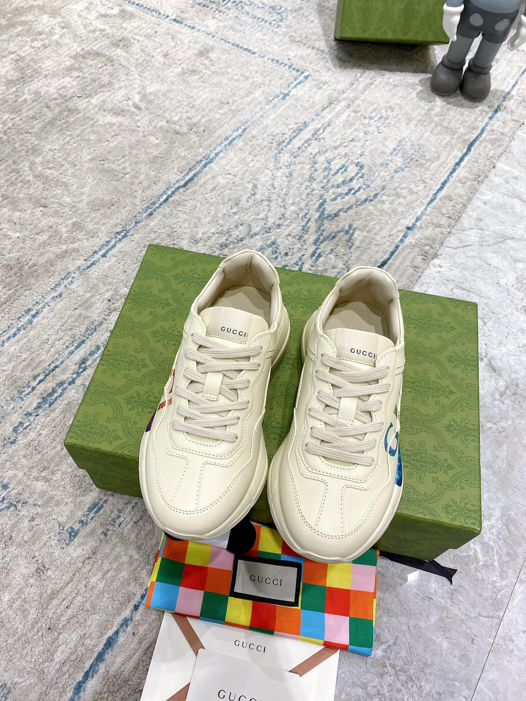 Gucci unisex luxury sneakers set, white lace-up shoes with logo stripe detail