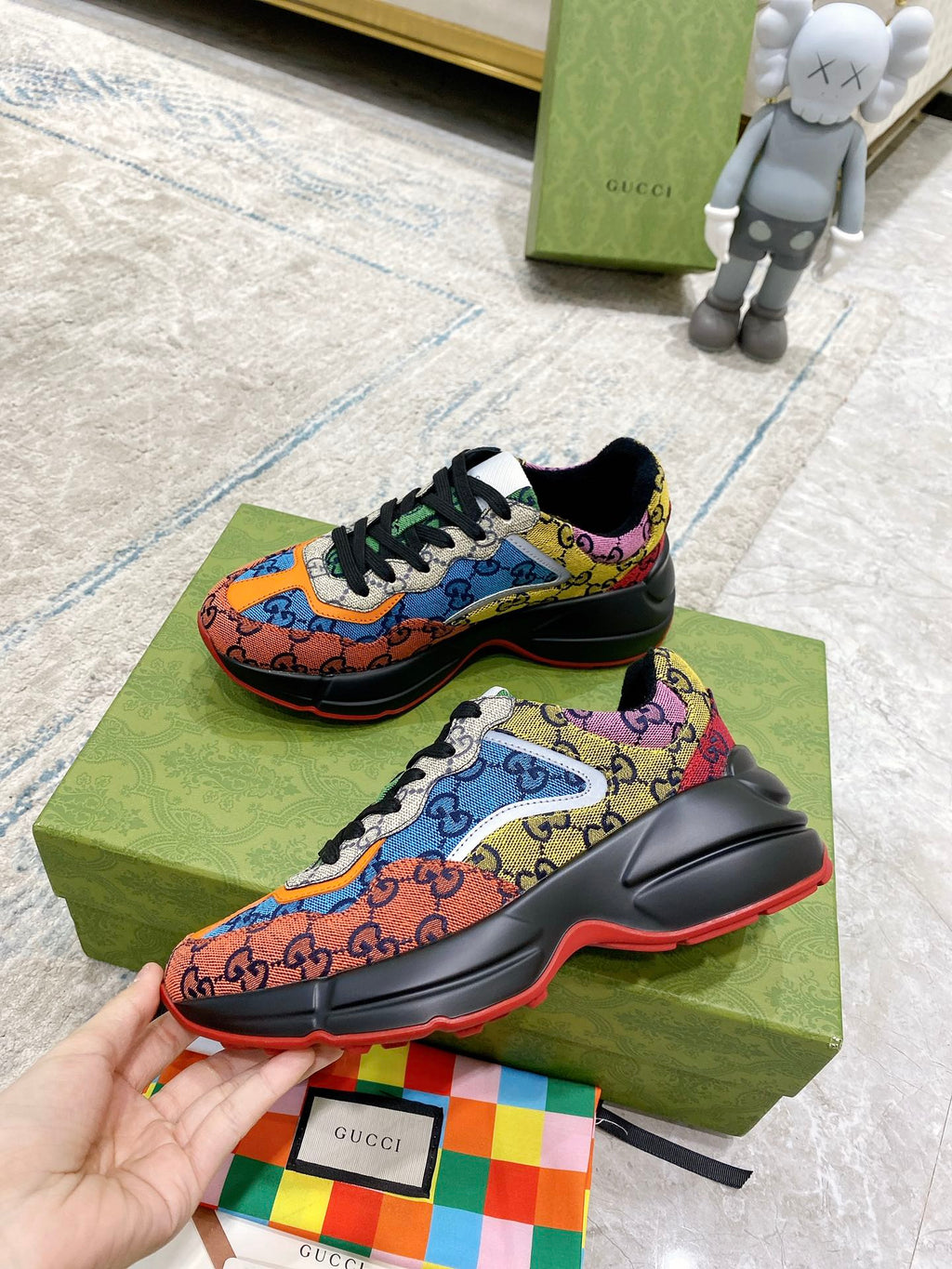 Gucci unisex low-top sneakers, multicolor GG canvas with black soles and lace-up front