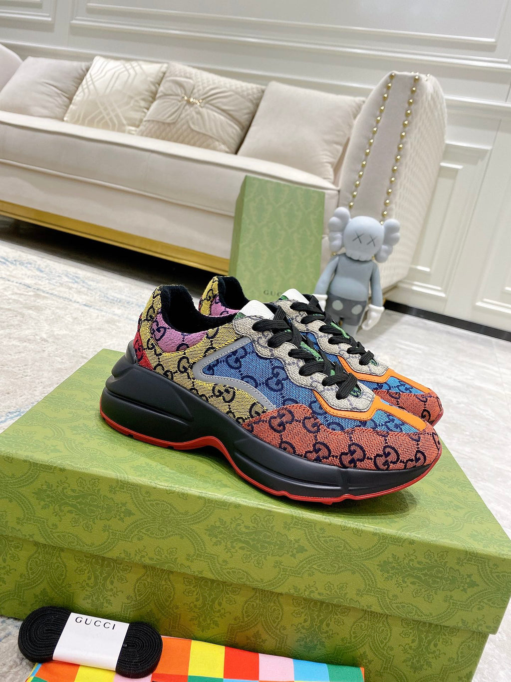 Gucci unisex low-top sneaker with multicolor GG canvas and black rubber sole