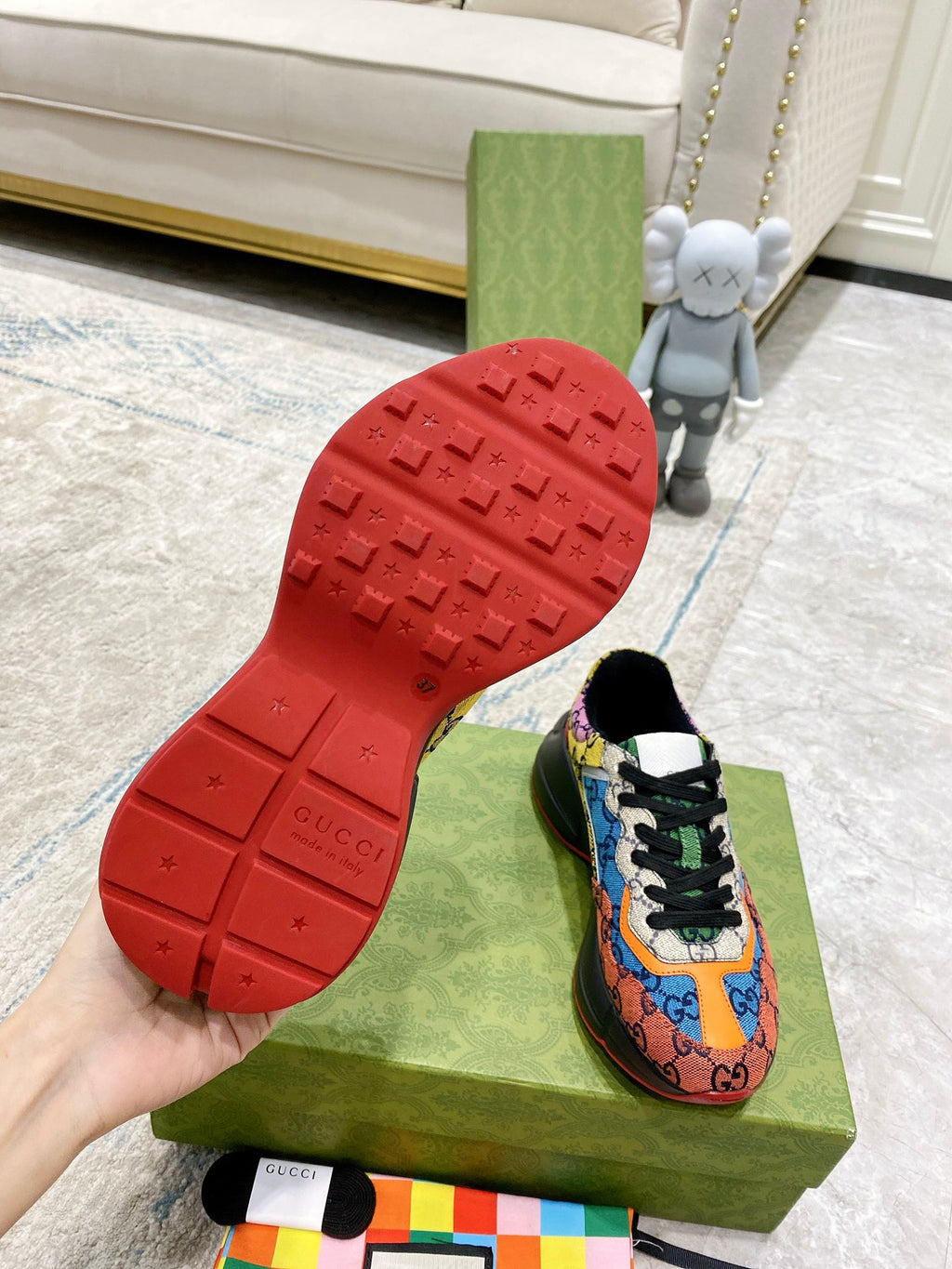 Gucci unisex sneaker outsole and upper, red tread sole with multicolor GG canvas