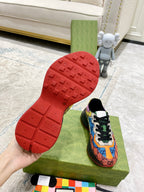 Gucci unisex sneaker outsole and upper, red tread sole with multicolor GG canvas