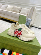 Cream leather-look sneakers with red-and-green GG logo and white laces