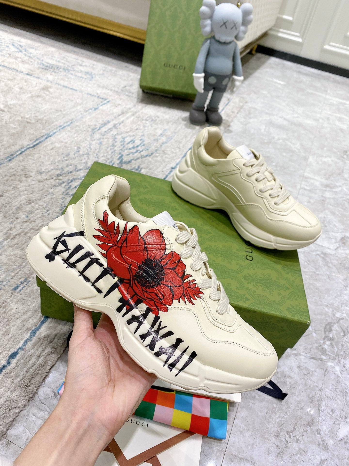 Gucci unisex sneakers, white leather with red flower print and black lettering