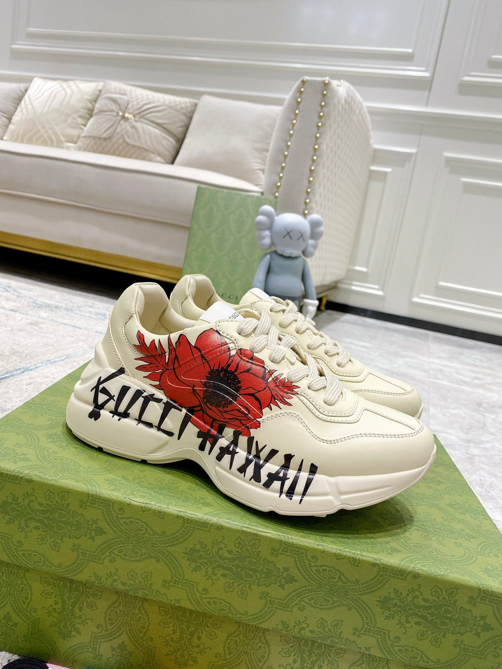 Gucci unisex sneakers, white leather with red flower graphic and black lettering