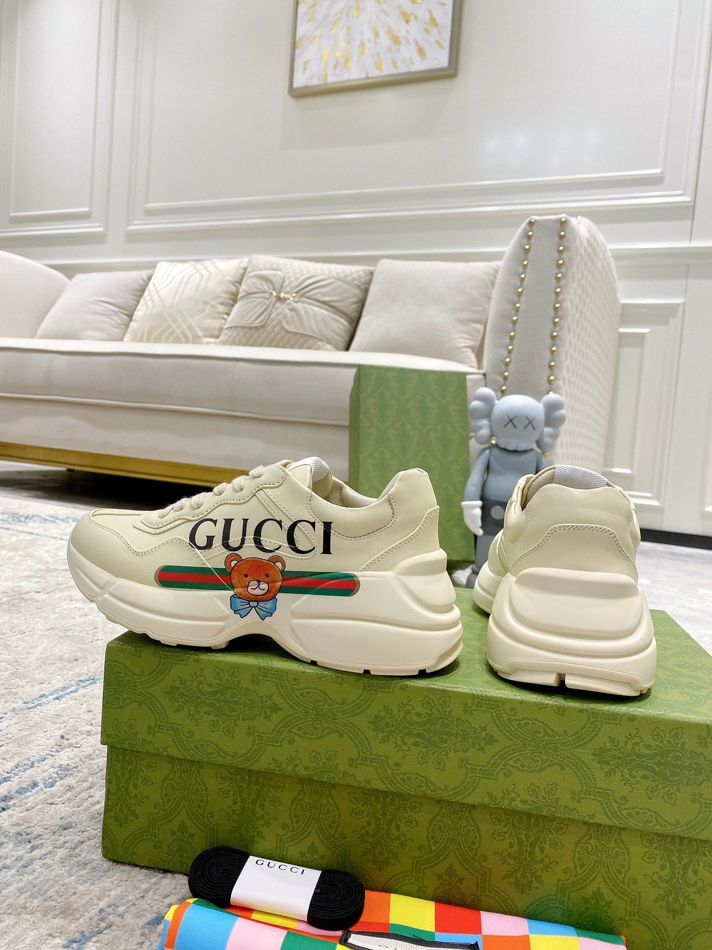 Gucci unisex luxury sneakers, white with multicolor stripe and bear crest