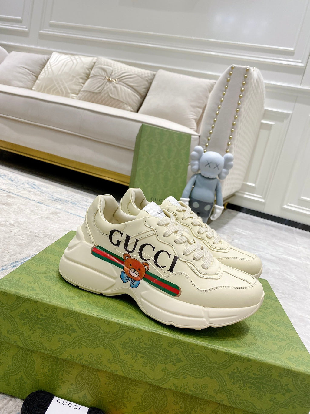 Gucci unisex luxury sneakers, white with multicolor stripe and bear logo