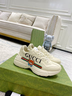 Gucci unisex luxury sneakers, white with multicolor stripe and bear logo