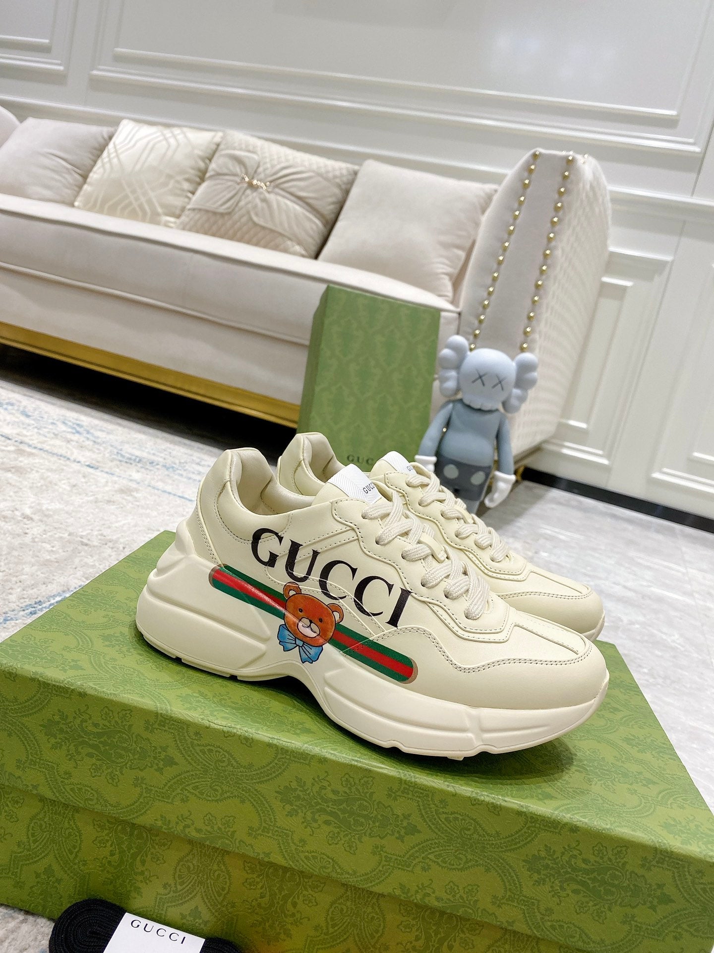 Gucci unisex luxury sneakers, white with multicolor stripe and bear logo