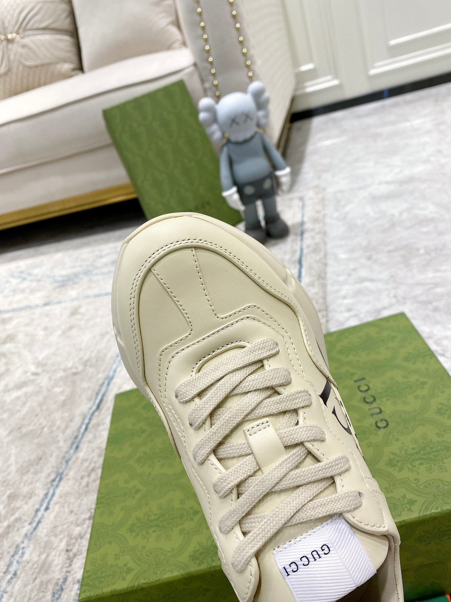 Gucci unisex luxury sneakers, white lace-up with stitched toe and side panel