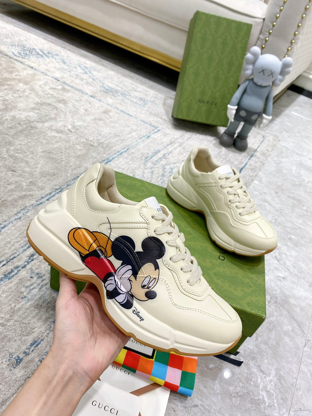 Gucci unisex sneakers, cream leather with Mickey Mouse face and colorful cartoon outline