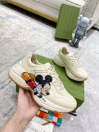 Gucci unisex sneakers, cream leather with Mickey Mouse face and colorful cartoon outline