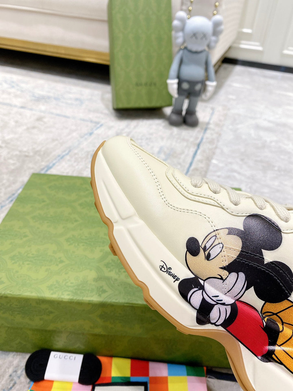 Gucci unisex sneakers, cream leather with Mickey Mouse side design and gum trim