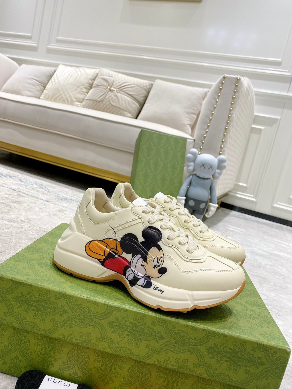 Gucci unisex sneakers, cream leather with Mickey Mouse graphic on the side