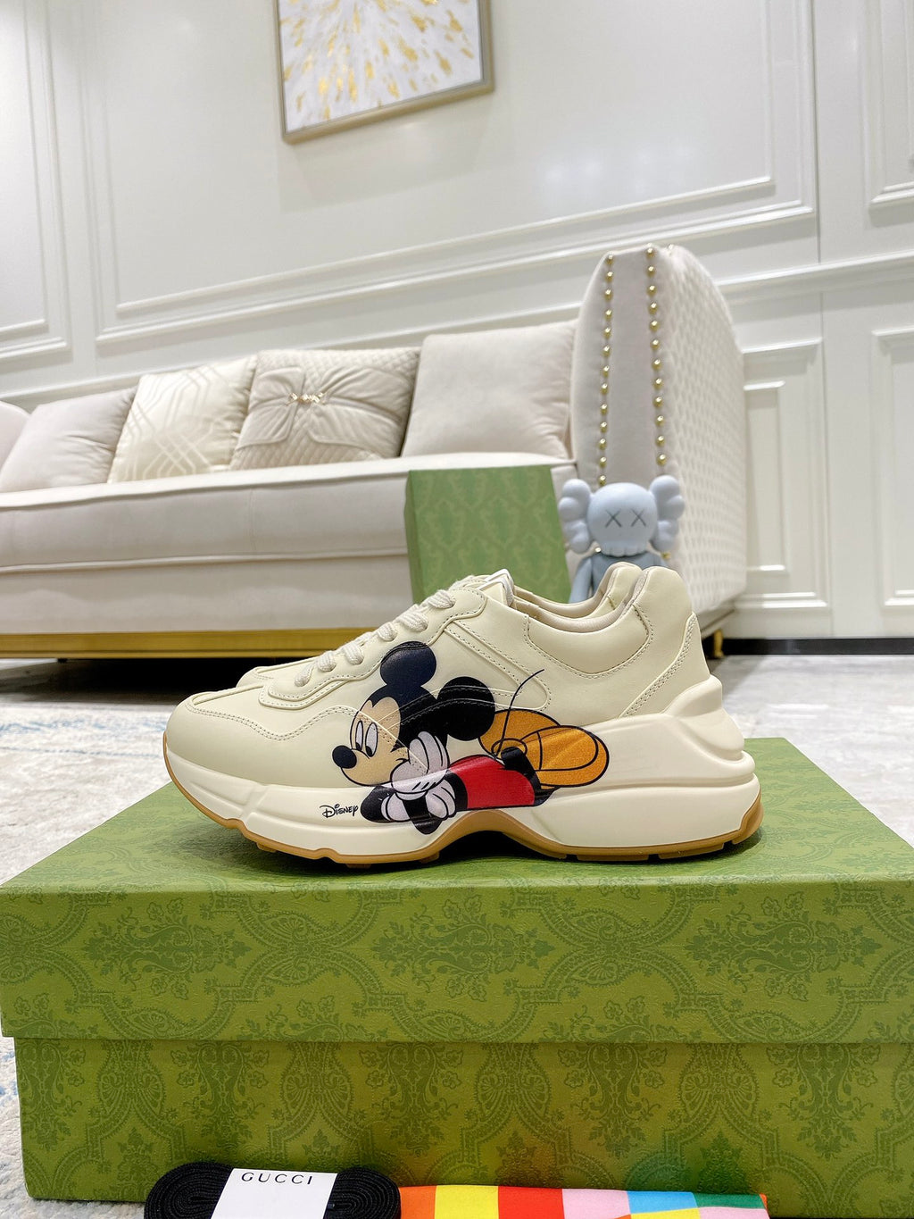 Gucci unisex sneakers, cream leather with Mickey Mouse and red-yellow cartoon detail