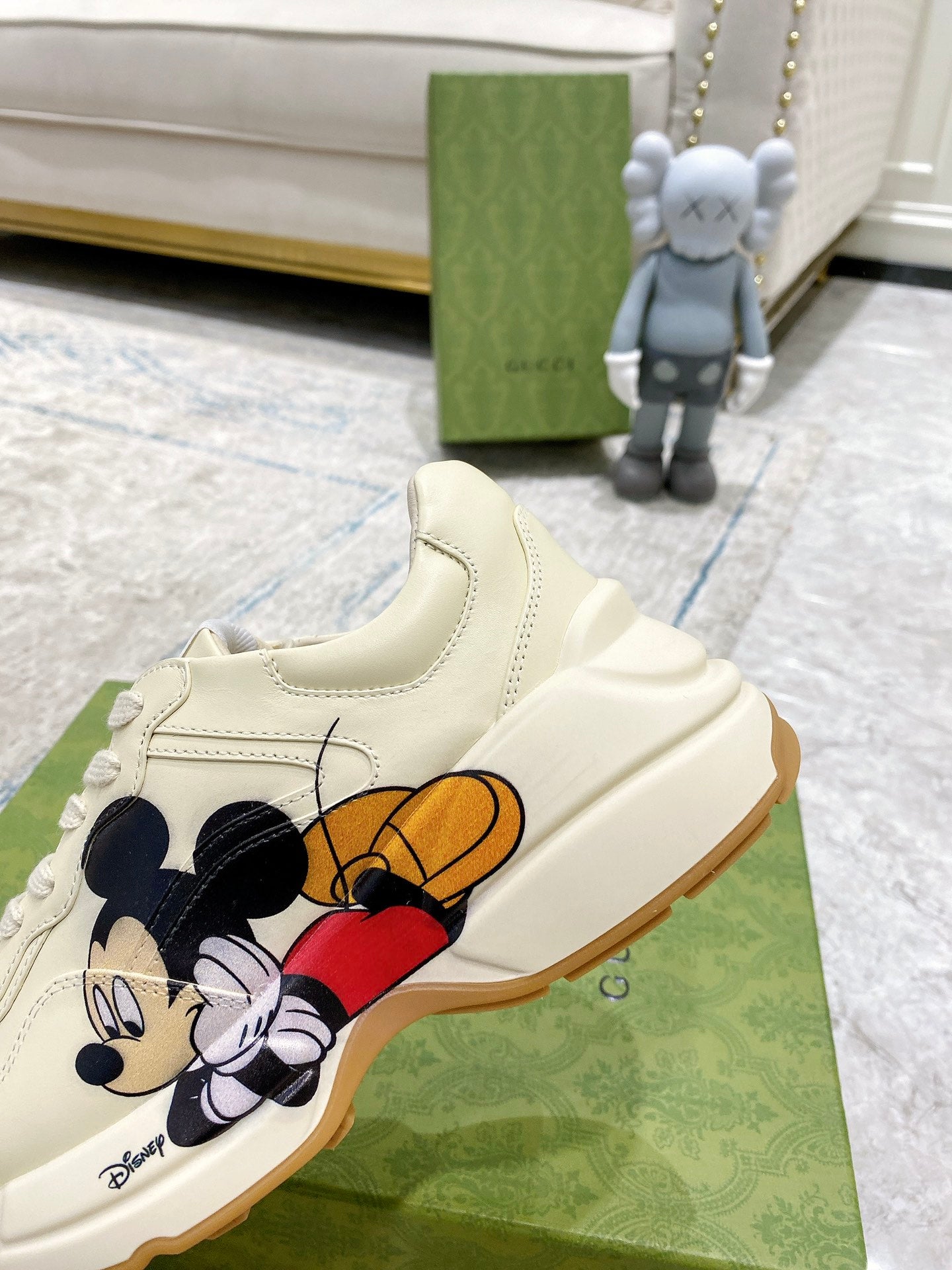 Gucci unisex sneakers, cream leather with large Mickey Mouse print on the side