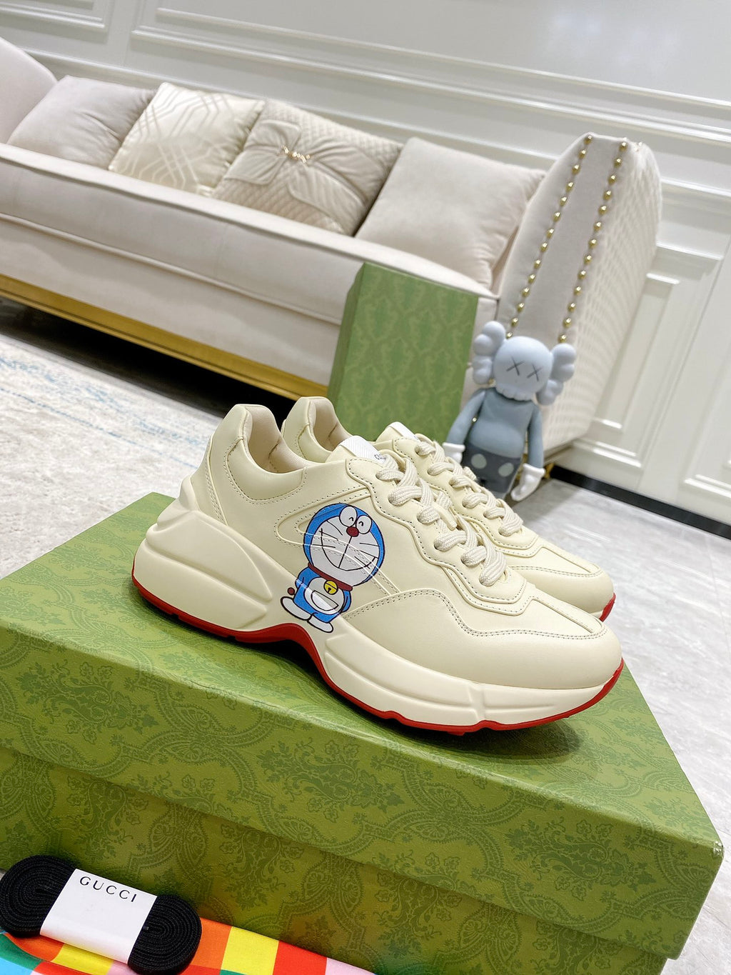 Gucci unisex sneakers, white leather with lace-up front and red outsole trim