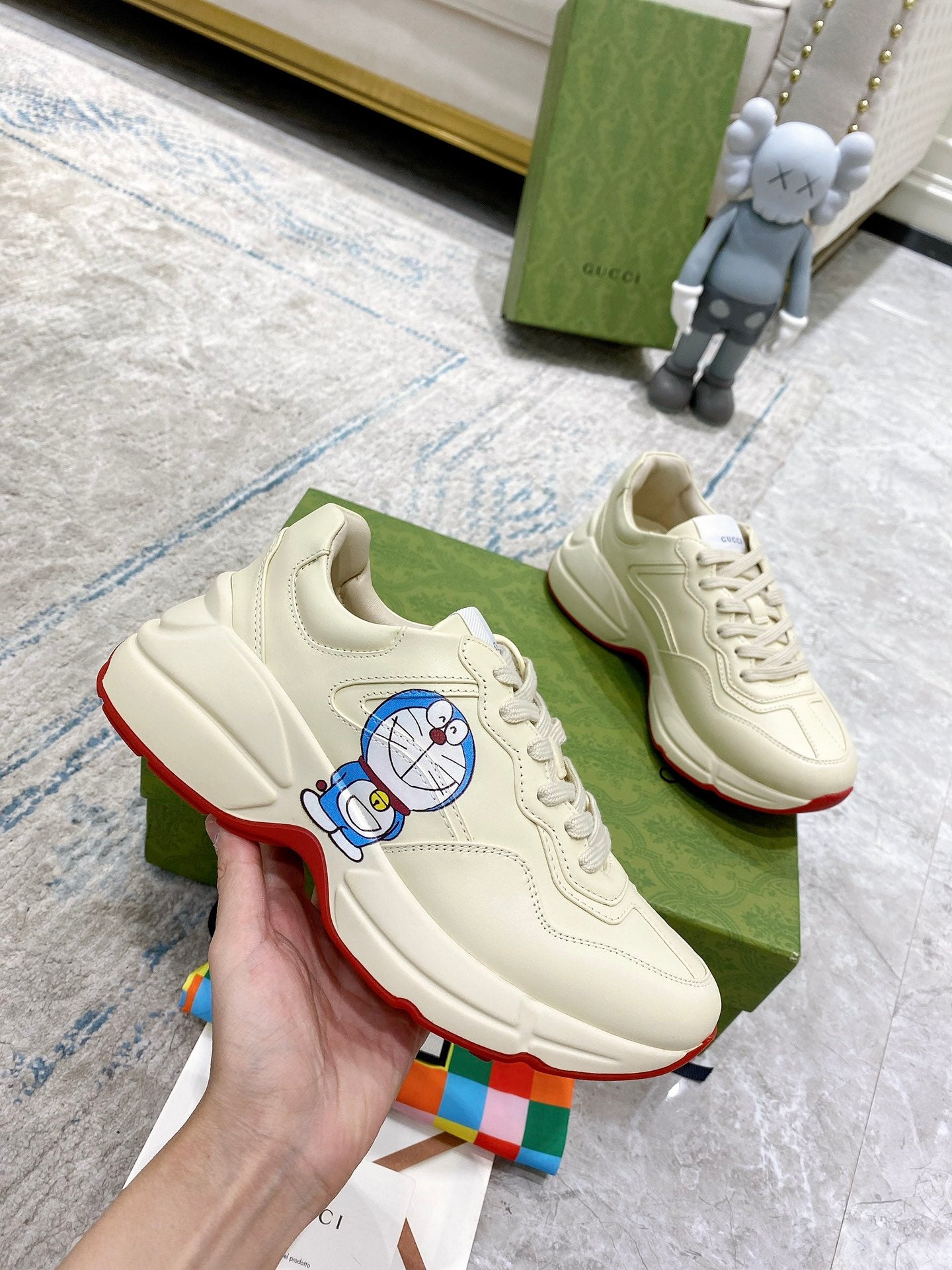 Gucci unisex sneakers, white leather lace-up with Doraemon graphic and red sole