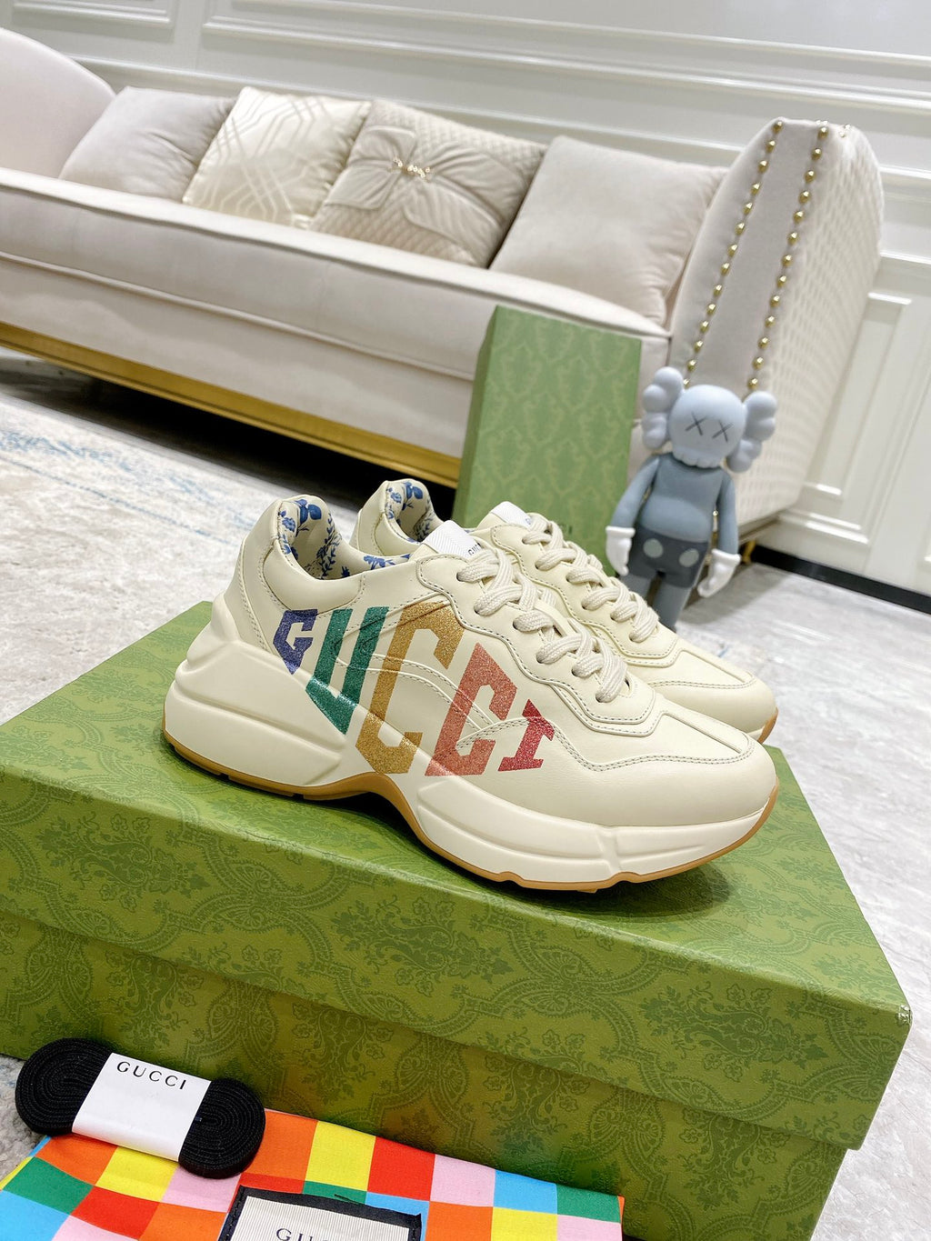 Gucci unisex sneakers, cream uppers with multicolor GG logo on the side