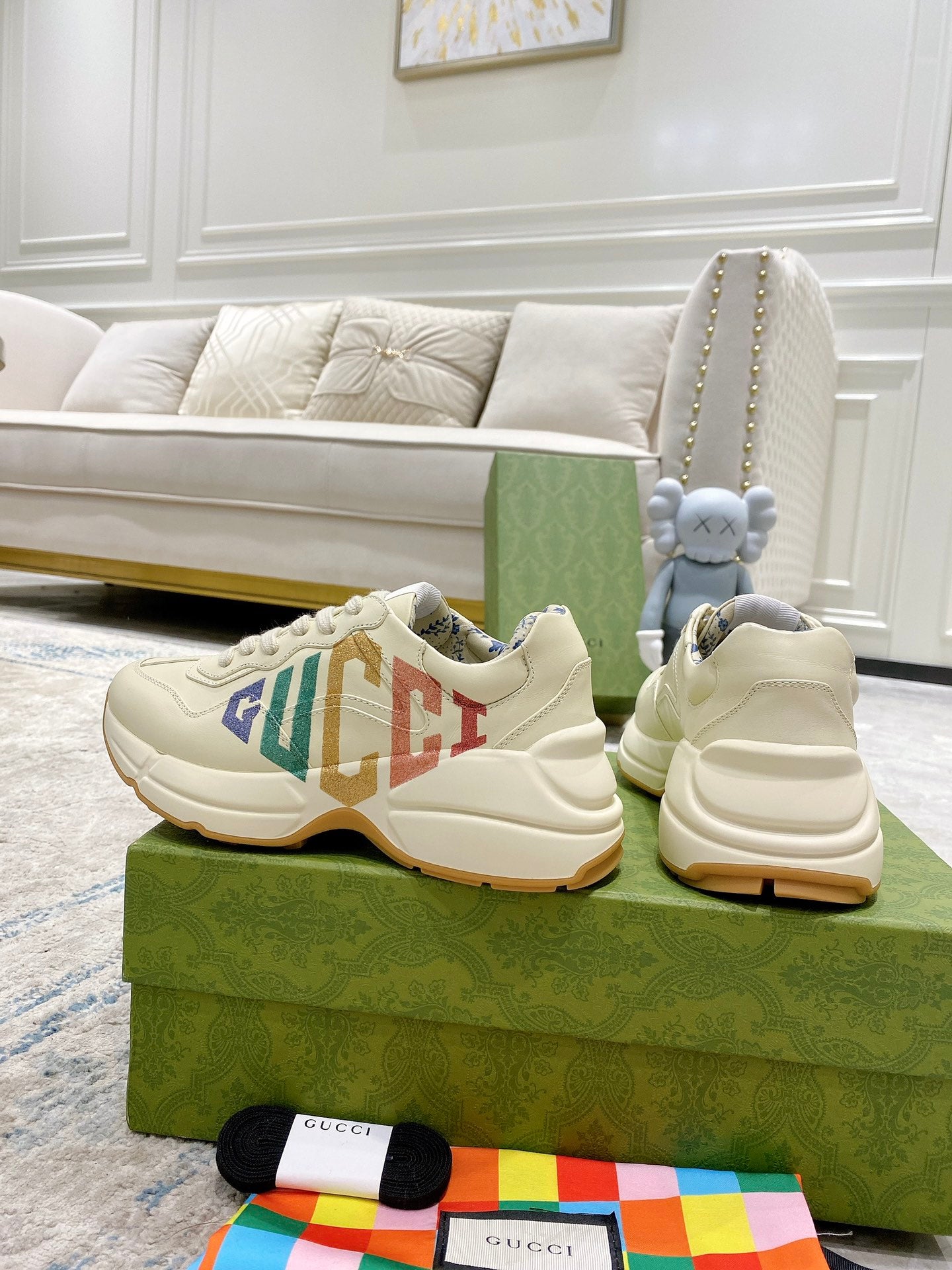 Gucci unisex sneakers, cream uppers with multicolor side logo and rear view