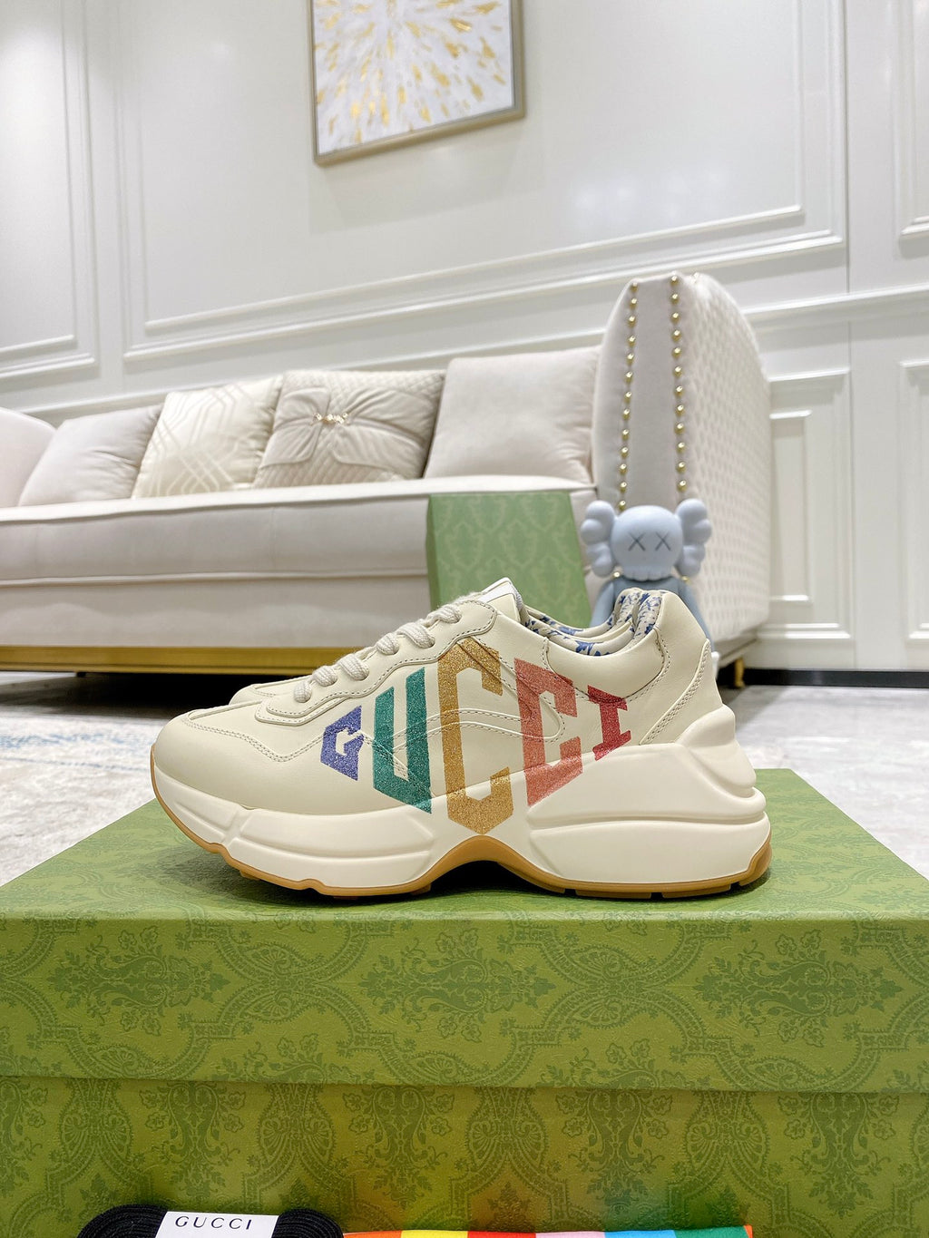 Gucci unisex sneakers, cream uppers with large multicolor GG stripe logo