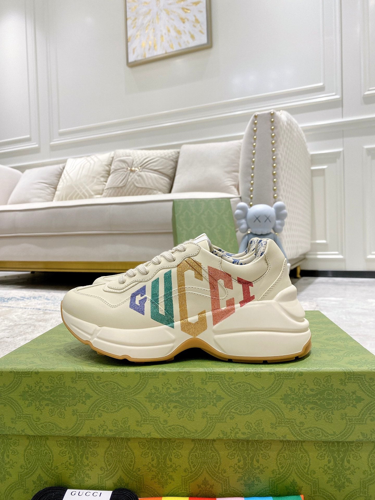 Gucci unisex sneakers, cream uppers with large multicolor GG stripe logo