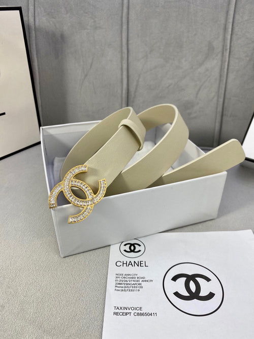 Beige leather belt with Chanel CC rhinestone buckle in a white gift box
