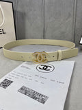 Beige leather belt with Chanel CC rhinestone buckle and five eyelet holes
