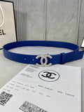 Blue leather belt with silver-tone rhinestone CC buckle and round hole detailing