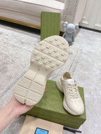 Gucci unisex white luxury sneakers outsole view with textured tread and brand mark