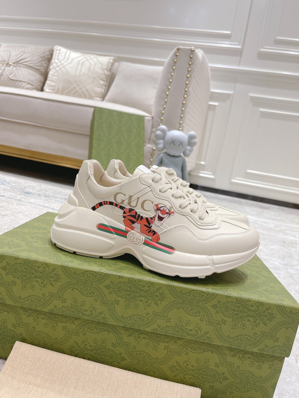 Gucci unisex white luxury sneakers with colorful logo stripe and lace-up design