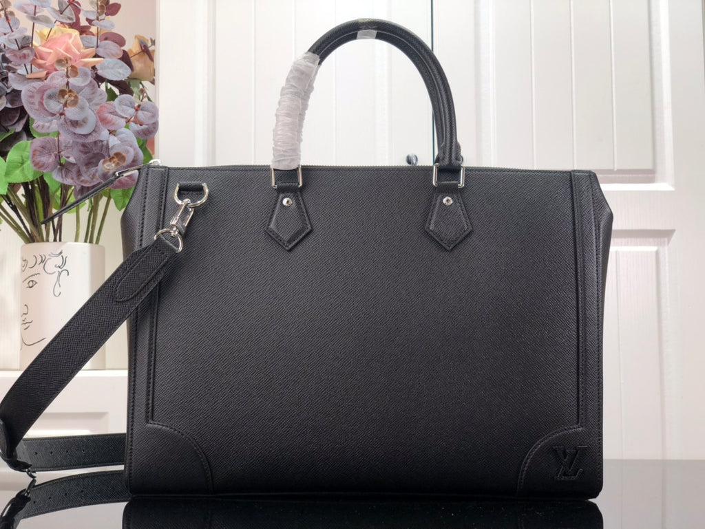 Men's Louis Vuitton structured tote bag with top handles and shoulder strap, dark finish