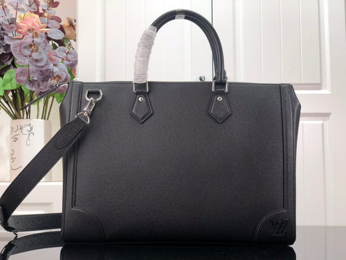 Men's Louis Vuitton structured tote bag with top handles and shoulder strap, dark finish