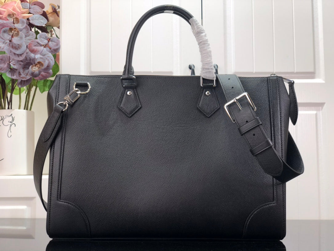 Men's Louis Vuitton structured tote bag, front view with adjustable strap and buckles