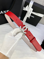 Chanel red leather belt with silver-tone CC buckle and stitched holes