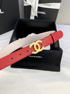 Chanel red leather belt with large gold-tone CC buckle