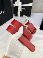 Chanel red leather belt with silver-tone CC buckle and keeper tab