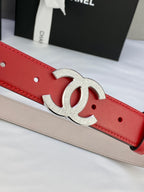 Chanel red leather belt with silver-tone CC buckle