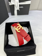 Chanel red leather belt with gold-tone CC buckle