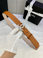 Tan leather belt with silver-tone CC buckle