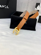 Tan leather Chanel belt with gold-tone CC buckle