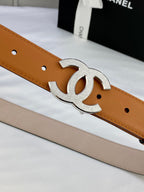 Tan leather belt with silver-tone rhinestone CC buckle