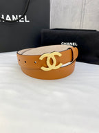 Tan leather Chanel belt with gold-tone CC logo buckle