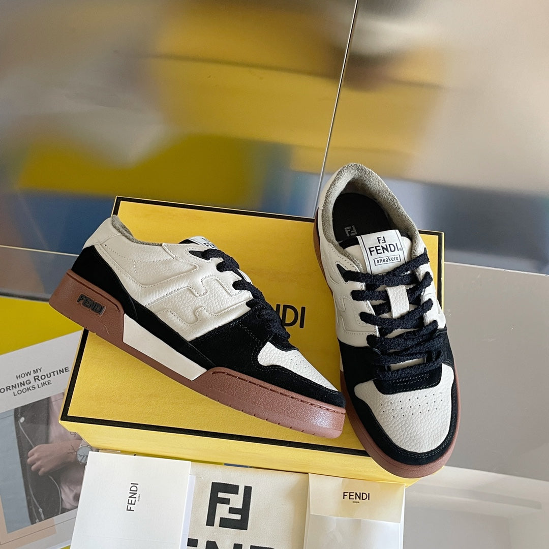 Fendi unisex sneakers, white leather with black overlays and brown sole