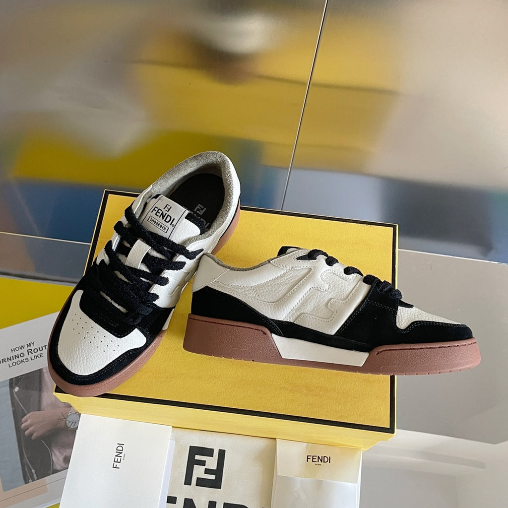 Fendi unisex sneakers in white and black with brown sidewall and lace-up front