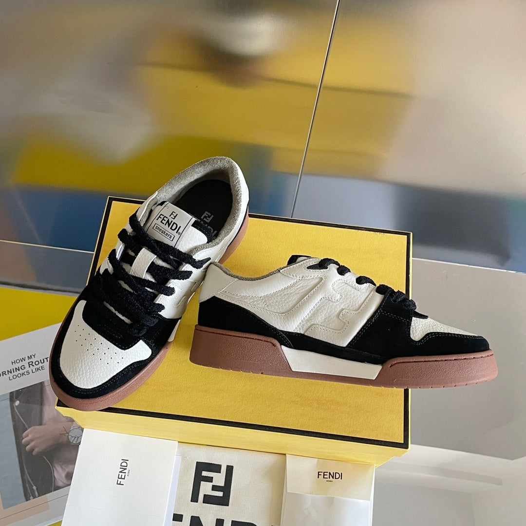 Fendi unisex sneakers in white and black with brown sidewall and lace-up front