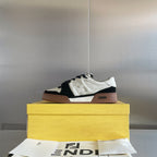 Fendi unisex sneakers on box, white uppers with black side panel and brown sole