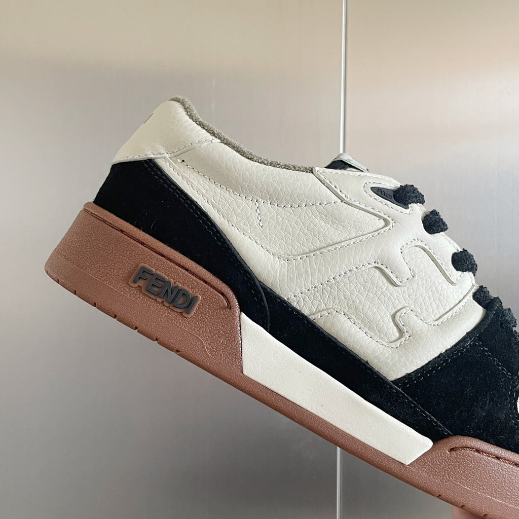 Fendi unisex low-top sneakers, white leather with black side and brown platform sole